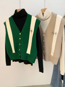 AMILUCK | Color Block V Neck Knitted Open Cardigan Womens Loose Outerwear Sleeveless Shoulder Bared Sweater Vest Autumn New Style