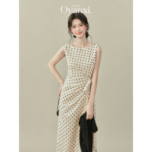 OUYANGXI | Đầm Dài Không Tay Chấm Bi Gọn Gàng Cho Mùa Hè Du Lịch
