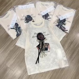 Set mặc hè áo Voan thêu hoa nổi phối in hình cô gái 3D cao cấp kèm chân váy tầng ngắn 2 lớp nữ tính xinh xắn