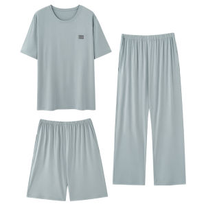 MiiOW | Mens Ice Silk Sleepwear Short Sleeve Thin Set Home Leisure Clothing Large Size Set Round Neck Pure Color Polyester Blend