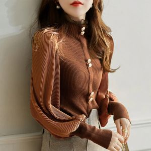 เสื้อผู้หญิงสำหรับฤดูใบไม้ร่วงและฤดูหนาวสไตล์ใหม่เสื้อแขนพองกับหูไม้ออกแบบฝรั่งเศสครึ่งคอสูงถักเสื้อกันหนาวผู้หญิง