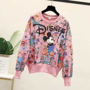 Mickey Plant Flower Print Sweatshirt Womens Spring Autumn Thin Loose Large Size Top Outerwear BF Trendy round Neck Long Sleeve