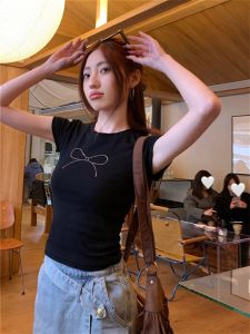 Cool Glitter Butterfly Knot Short Sleeve T-Shirt Womens Slim Fit Waist Cinching Sweet And Spicy Short Style Trendy Top