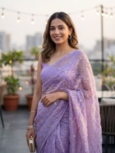 Lavender Saree with Golden Embroidery for Evening Outings