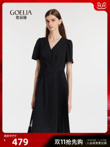 Fashionable V-neck Dress Gloria Womens Summer Pleated Splice Elegant Little Black Dress High Waist Polyester Fiber Short Sleeve Slim Fit