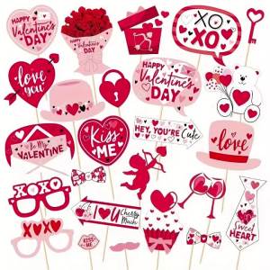 25Pcs Pink Handheld Photo Props Valentines Day Romantic Sign Photo Booth Props for Couple Party Selfie Shoot Capture Decoration