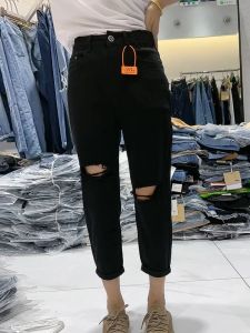 Black Hole Denim Jeans Women Summer Thin Loose Slim Elastic High Waist Nine Points Harlan Old Dad Pants Cotton Stretch Denim