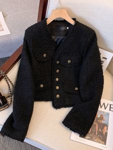 Áo Khoác Ngắn Màu Đen Thanh Lịch Cho Nữ Xuân 2025 Phong Cách Pháp Thanh Lịch Thường Ngày Cổ Tròn Vải Polyester