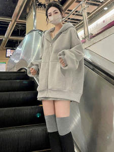 Áo Khoác Nỉ Trùm Đầu Màu Xám Có Khóa Kéo Cho Nữ Mùa Thu Đông Dáng Rộng Dài Vừa Phải Phong Cách Lười Biếng Thường Ngày