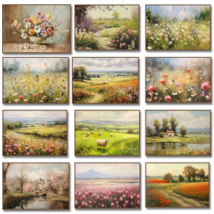 1Pc Frameless Wildflowers Countryside Lake Still Life Canvas Painting Floral Art Print Vintage Meadow Landscape Poster Farmhouse
