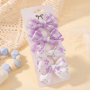 4Pcs/Set Baby Girls Hair Clips with Sweet Print Lace Striped Yarn Barrettes Ins Kids Bow Hairgripes Headwear Hair Accessories