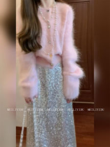 Áo Len Cardigan Mềm Mại Màu Hồng Cỡ Lớn Cho Nữ Váy Midi Cạp Cao Quần Áo Hai Mảnh Quần Áo Công Sở Mùa Thu Đông