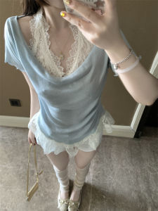 GUZILIAN | Summer New Style Womens Lace Splice Knitted Short Sleeve T-shirt Slim Fit Unique Beautiful Top Casual Style Polyester Fiber