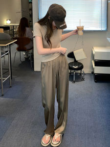 กางเกงขายาวทรงตรงผ้าซาตินเนื้อนุ่มสำหรับผู้หญิงในช่วงฤดูร้อน กางเกงขายาวทรงหลวมสบาย ๆ สไตล์ฮ่องกง กางเกงขายาวผ้าอะซิเตทบาง ทรงสูง เอวสูง