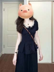 XIAOQIAOJIA | French Lace Trim Short Sleeve Dress Women Summer Hepburn Style Age Reduction Mini Skirt Two Piece Set High Waist A Line Skirt