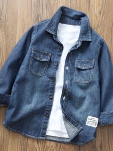 Soft Cotton Denim Shirt for Boys Slim Fit Bamboo Rayon Spring Autumn Wear Comfortable Long Sleeve Shirt Pure Color Shirt
