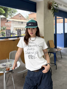 Chuan Chuan Ya Jia Original Letter Print Shoulder T-Shirt Women Casual Versatile Summer round Neck Spicy Top Street Style Cotton Blend