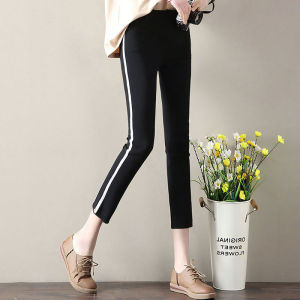 สีดำ เอวสูง พรางหุ่น ยืดหยุ่นบาง ลำลอง ไซส์ใหญ่ ชุดเก้าชิ้น รัดรูป กางเกง สำหรับผู้หญิง ฤดูใบไม้ร่วง สไตล์ใหม่ สวมใส่สบาย เลกกิ้ง