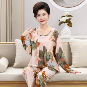 ชุดนอนคุณแม่ผ้าป๊อปปลิ้นแขนยาวสำหรับผู้หญิงวัยกลางคนชุดอยู่บ้านไซส์ใหญ่คอกลมคอตตอนฤดูหนาวฤดูใบไม้ผลิและฤดูใบไม้ร่วงสำหรับผู้หญิง