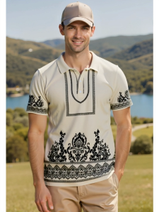 Traditional Filipino Mens Polo Shirt 3D Sublimation Black & Gold Baroque Print Barong-Inspired Details Comfortable Fabric Fashion Ethnic Top