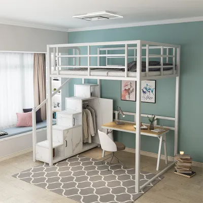 Luxury Iron Art Mezzanine Bed with Desk below Upper Level Compact Space Loft Style Bed with Storage Underbed Staircase Cabinet