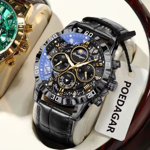 POEDAGAR Fashion Man Watch Waterproof Luminous Chronograph Leather Strap Luxury Watches For Men Business Quartz Mens Wristwatch