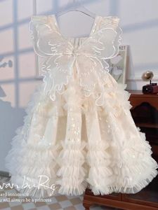 Princess Style Girls Dress Butterfly Wings Flying Sleeve Midi Skirt Breathable Summer New Arrival Childrens Clothing