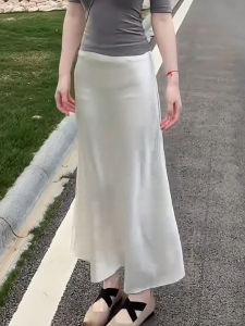XIANGHOUMINCHU | Pearl White Satin Silky Acetate Summer High Waisted Pencil Skirt