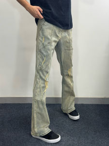 Washed Mud Color Mens Jeans Bell Bottoms High Street American Style Vibe Decomposition Hole Design Straight Leg Pants