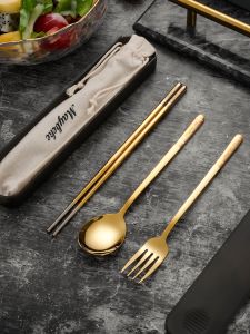 Portable 3-Piece Set Stainless Steel 304 Chopsticks Spoon Fork Adult Single Student Home Use High Aesthetic Value Dining Utensils