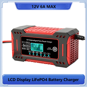 For Car Moto Lead Acid AGM Batteries 14.6V 6A LiFePO4 Battery Charger LCD Display 12V 6A Max Smart Pulse Repair Battery Charger