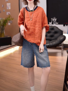 Trendy Brand Vintage Striped Linen Short Sleeve Womens T-shirt Loose All-match Slimmimgs Summer New Summer Casual Style