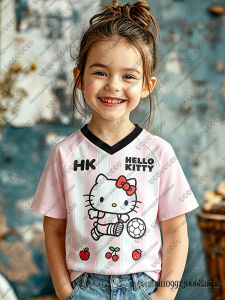 52TOYS | Summer New Cartoon Hello Kitty Print Football Jerseys For Adult/Kids Casual Stripe Sports Tshirts Baby Girls Tops Kids Gifts