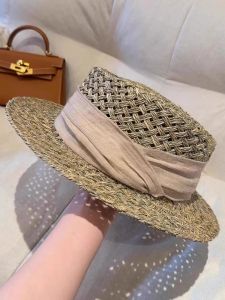 BILLI ZILLY | Hand Knitted Linen Satin Ribbon Straw Hat Womens French Flat Top Hat Luxury Retro Sunshade Casual Style Summer Travel Cap