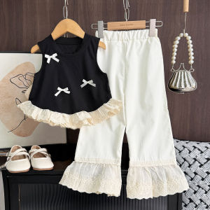 Gấu lãnh đạo 2025 thời trang mới Bộ quần áo cho ternos bé gái dễ thương Bow ren hoa pathwork vest ngọn và quần trắng 2 mảnh phù hợp với quần áo trẻ em trẻ em của trang phục Hàn Quốc 3-7y