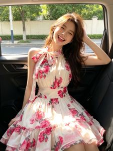 CHANGTONG | Gentle Style Neck Hang Print Dress Small Size Puffy Short Skirt