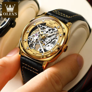 OLEVS Mens Watches Automatic Skeleton Self Winding Watches with Black Leather Band Waterproof Original Mechanical Watch for Man