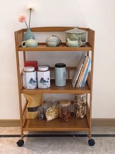 LACCOHUG Bamboo Tea Trolley 35/50/70CM Brown Living Room Household Storage Shelf Wooden Rack With Wheels