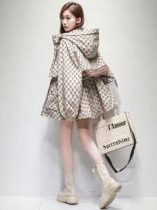 Embroidered Letter Coat Jacket Womens Mid-Length Spring Autumn Korean Style Hooded Slim Fit Workwear Windbreaker Outerwear