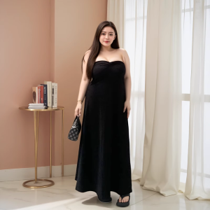 ชุดเดรสยาวเอวสูงแขนกุดคอวีทรงเอผ้าโพลีเอสเตอร์สำหรับผู้หญิงไซส์ใหญ่ ชุดทำงานลำลองสไตล์เกาหลี