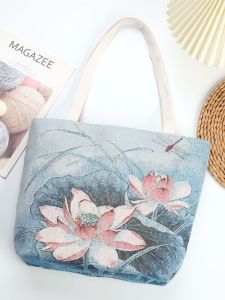 Buy One Get a New Two Lotus Double-Sided Gold Silk Jacquard Embroider Satchel Canvas Bag out Thickened Zipper Bag