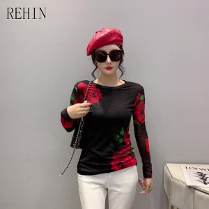 REHIN Womens top fashion mesh red flowers patterns print long sleeve T-shirt round-neck slim and thin elegant blouse