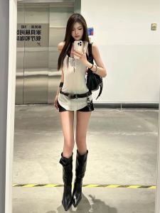 สไตล์อเมริกัน ลูกไม้ Splice Irregular เสื้อครอป สลิมฟิต ฤดูร้อน ผู้หญิง เสื้อกั๊ก เสื้อ Pure Desire เซ็กซี่ อินเทรนด์ สไตล์ Ins