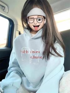 เสื้อสเวตเตอร์คอกลมแขนยาวทรงหลวมผ้าฝ้ายแท้หนาสำหรับฤดูใบไม้ร่วงและฤดูหนาวสำหรับผู้หญิง พร้อมฮู้ด สีฟ้าอ่อน เสื้อสเวตเตอร์สไตล์อเมริกันสำหรับใส่ไปทำงาน