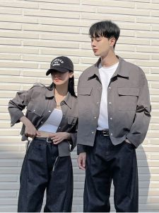 Couple Matching Spring Autumn Long Short Same Color Series High End Feeling Niche Workwear Style Cotton Casual Jacket