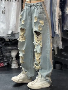 High Waist Loose Wide Leg American Style Hole Punching Womens Jeans Trendy Summer Fashion High Street Straight Cut Denim