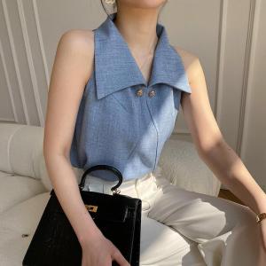 Off-shoulder Sleeveless Shirt Womens Summer Retro Style Lapel Top New Fashion Tank Top Korean Style Design Feeling Shirts
