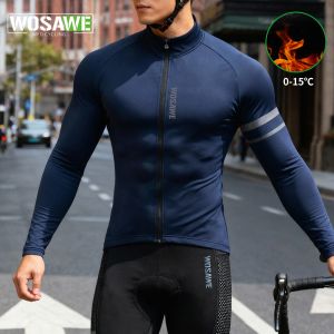 WOSAWE Mens Cycling Jersey Winter Thermal Long Sleeve Fleece MTB Cycling Jacket Bicycle Top Bike Clothing with 3 Rear Pockets