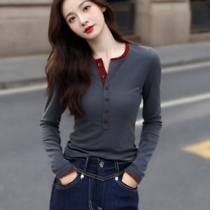 round Neck Contrast Color Breasted Slim Looking Long Sleeves Bottoming Shirt Early Autumn Fashionable New Tops Silm Temperament Wild T-shirt