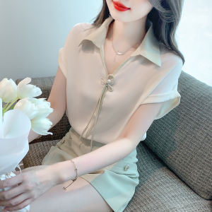 Fashionable V-Neck Short Sleeve Chiffon Shirt Womens Summer Clothing 2025 New Style Elegant Personality Small Top High-End Feeling
